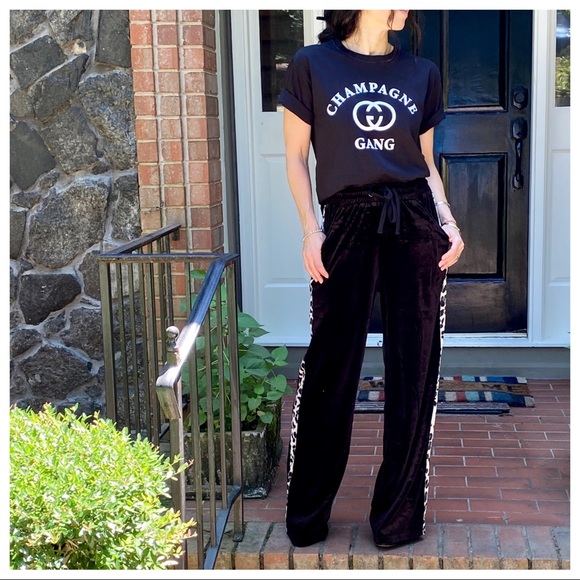 BLACK VELVET WIDE LEG PANTS W/LEOPARD SIDE TRIM - Picture 14 of 16